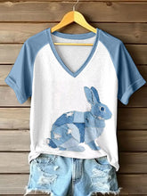 Frauen niedliches Häschen muster Patchwork-Kunst V-Ausschnitt T-Shirt